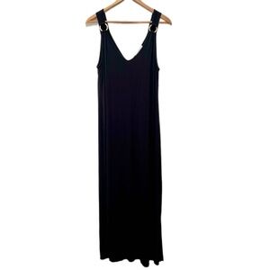 Green Envelope Black Sleeveless V-Neck‎ Maxi Dress Gold Hoop Accents Rayon